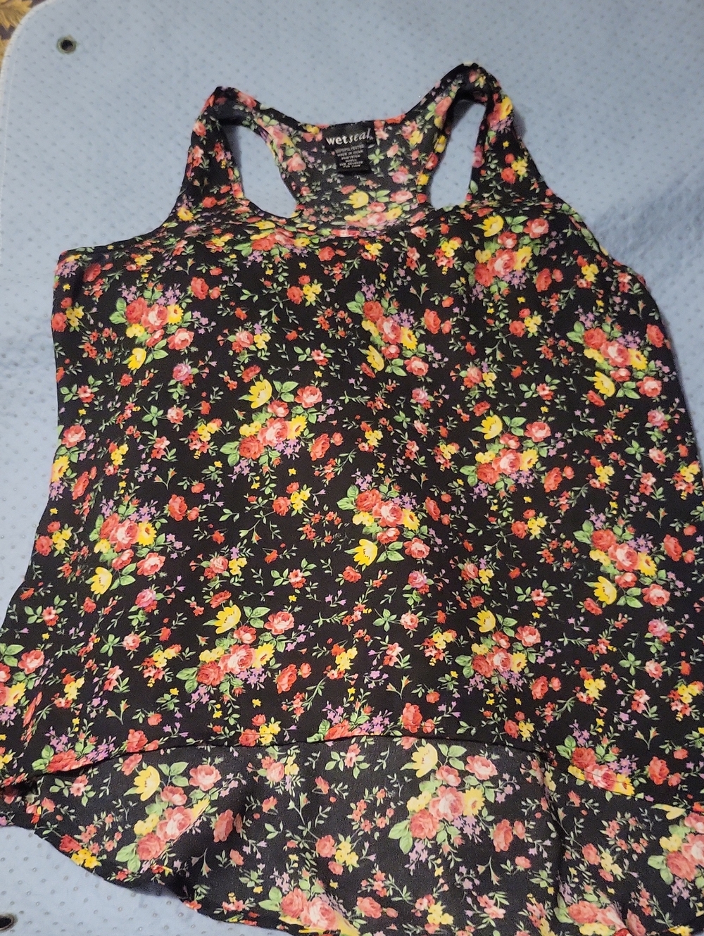 Wet Seal Black Floral Racerback Tank with Ruffle Hem